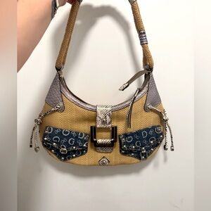 GUESS Y2K Beige Denim Wicker Handbag